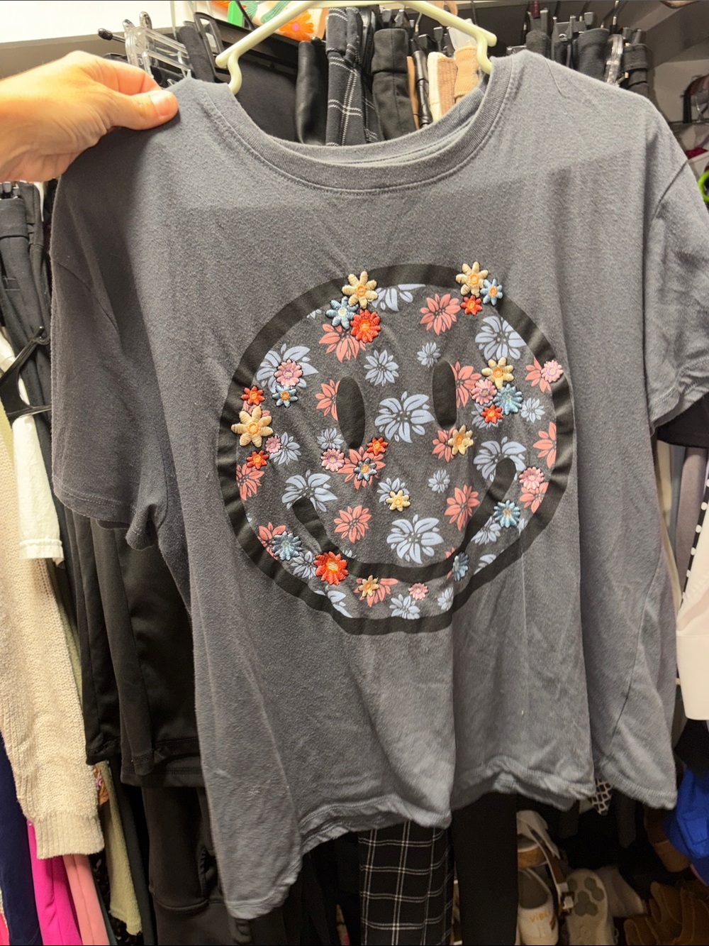 3/$20! Grey Smiley Face Floral Appliqué Freeze Embroidered Crew Neck shirt crop